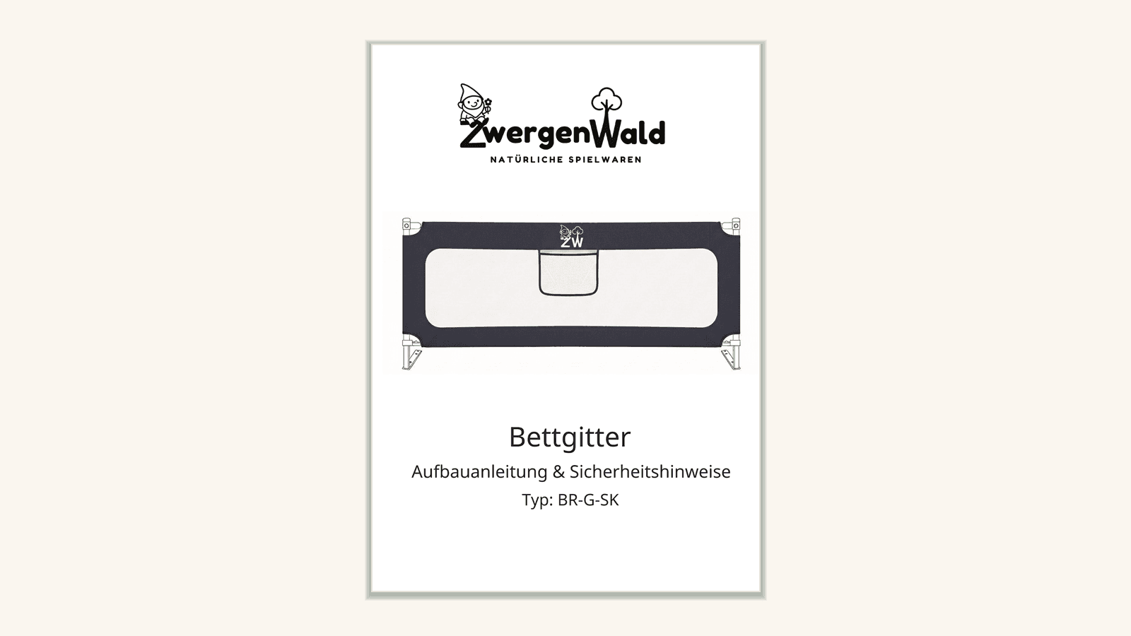 Titelseite der Zwergenwald Bettgitter Aufbauanleitung mit Produktzeichnung