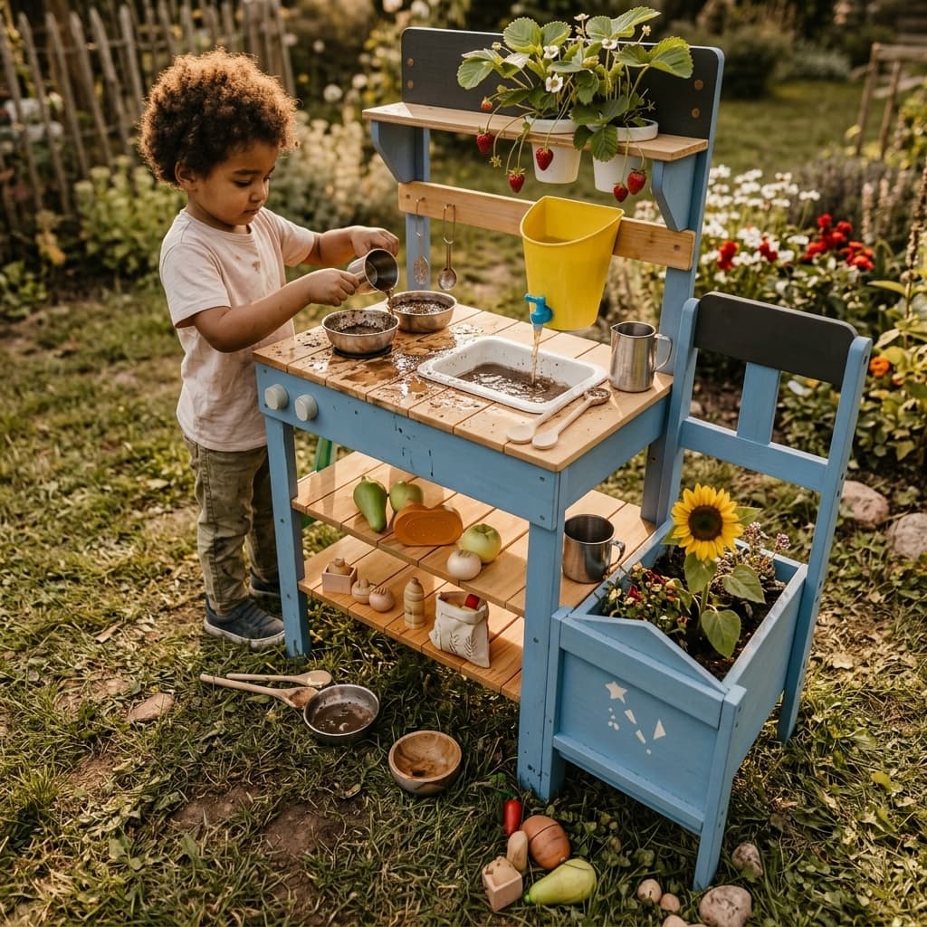 Kind spielt mit der blauen Zwergenwald Matschküche im Garten