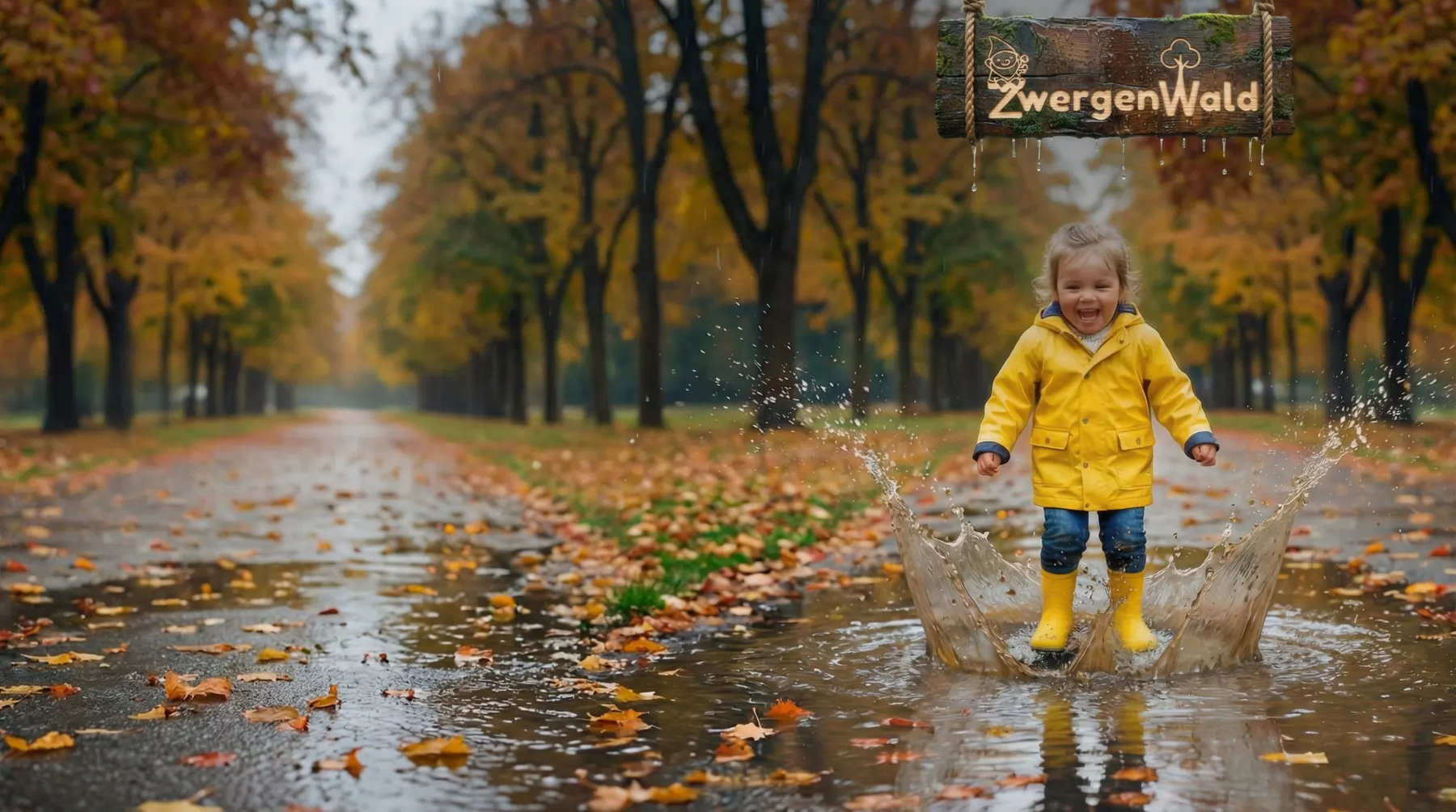 Kind in gelber Regenjacke springt in eine Pfütze auf einer herbstlichen Allee, daneben ein Holzschild mit dem ZwergenWald-Logo