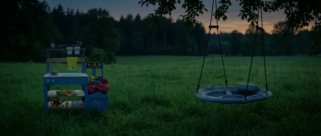 Matschküche und Nestschaukel auf einer Wiese in der Abenddämmerung