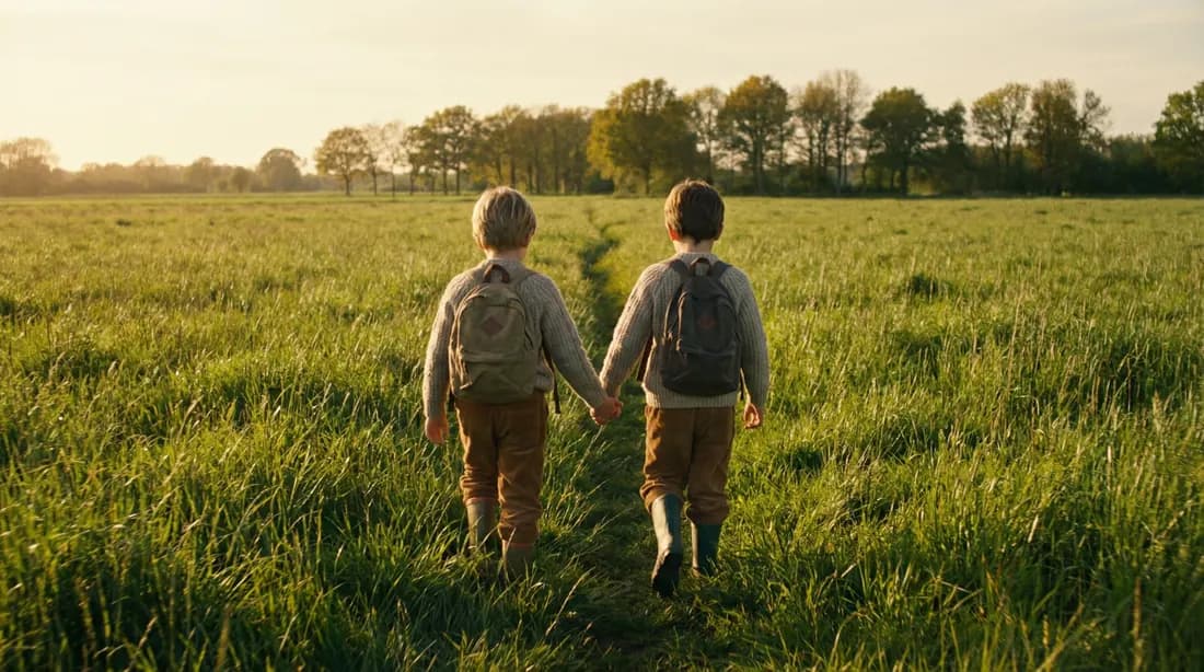 Zwei Kinder laufen Hand in Hand über eine Wiese im Abendlicht