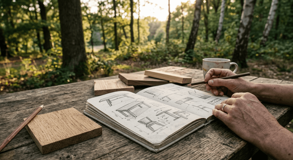 Skizzenbuch mit Entwürfen auf einem Werktisch im Wald